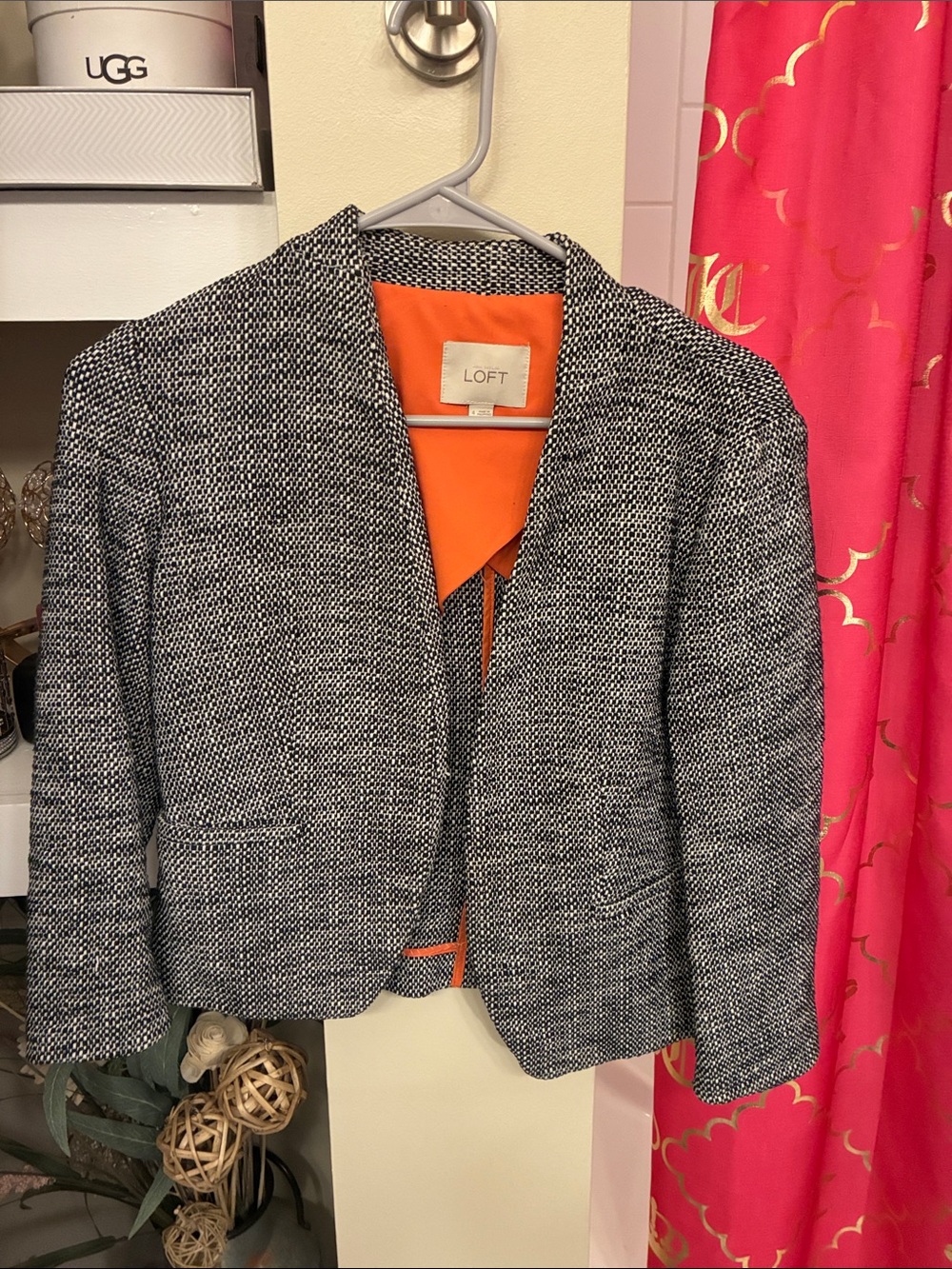 LOFT Black and White Tweed Blazer with Bright Orange Lining